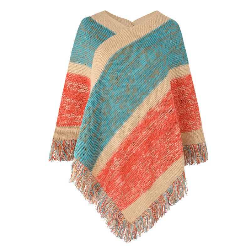 stripe knitted cape fringed cape