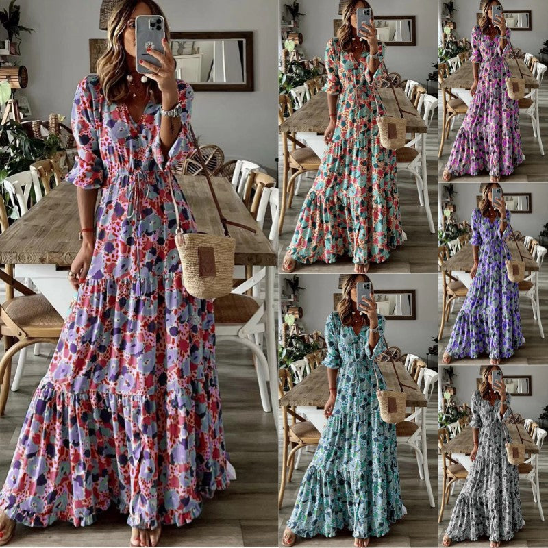 IvyShape | V-Neck Printed Large Hem Long Dress