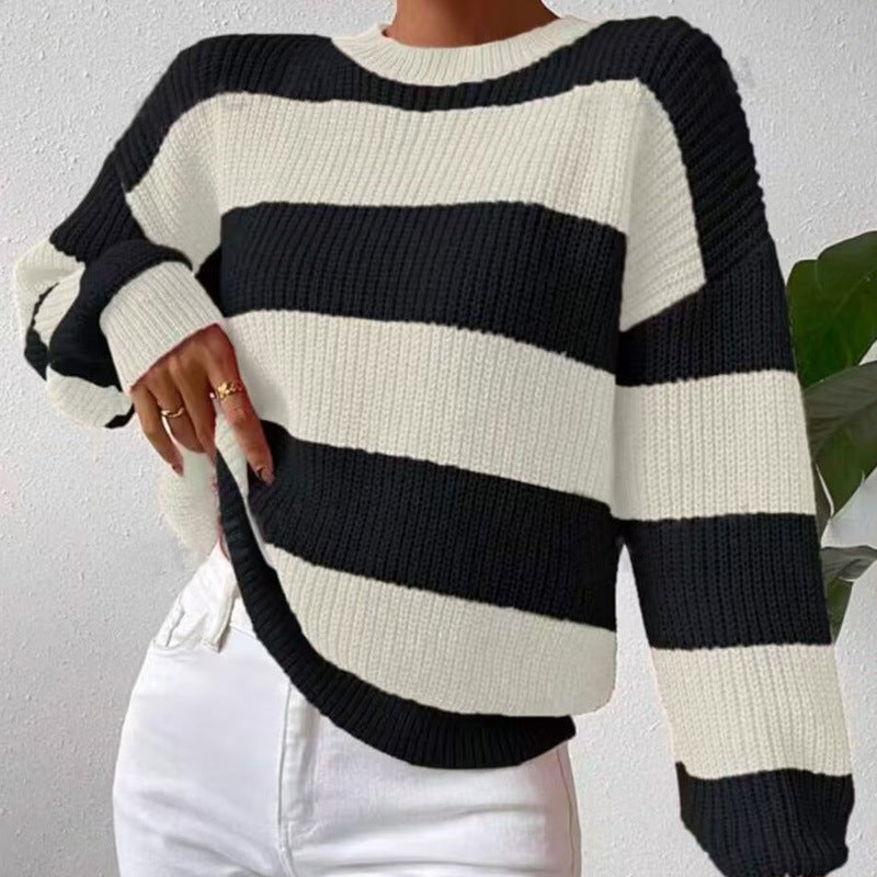 IvyShape | Striped Loose Long Sleeve Knit Sweater