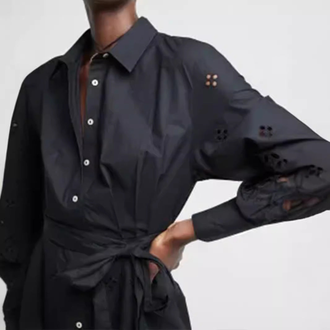 IvyShape | Hollow Embroidered Shirt Collar Tie Dress