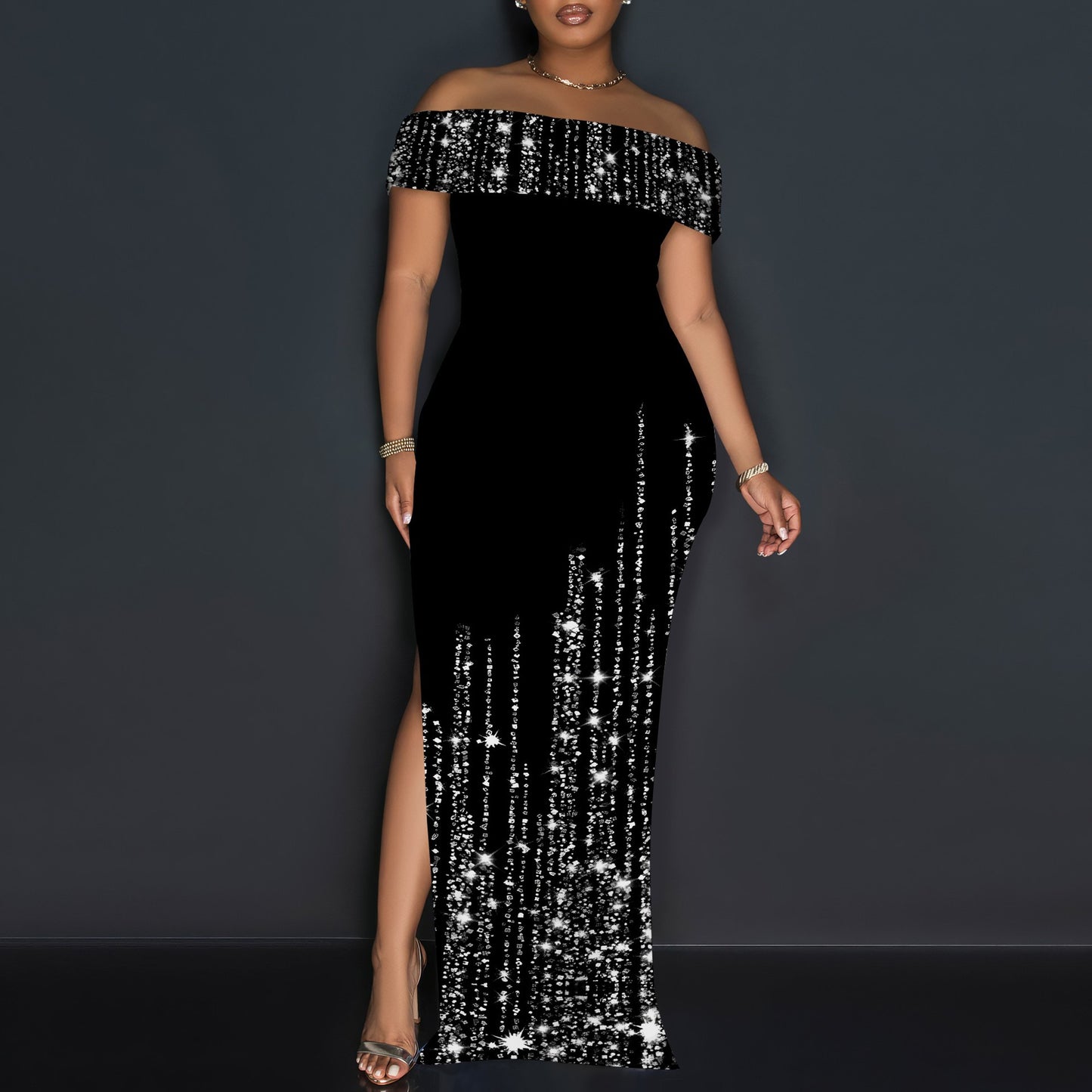 Women's Off-Shoulder Maxi Dress with Glamorous Glitter Design Ivyshape