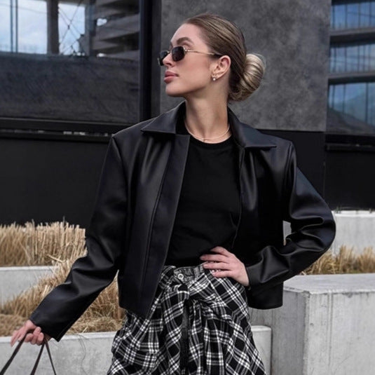 Women Faux Leather Jacket with Simple Cut and Decorative Collar Ivyshape