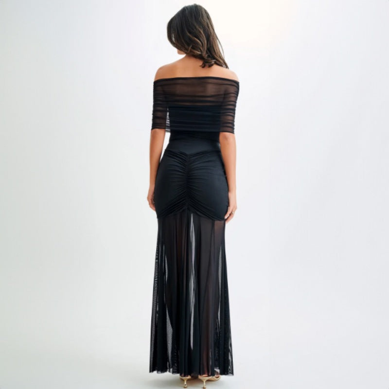 Women Elegant Tailored Maxi Dress with Off-Shoulder Design and Ruffle Details Ivyshape