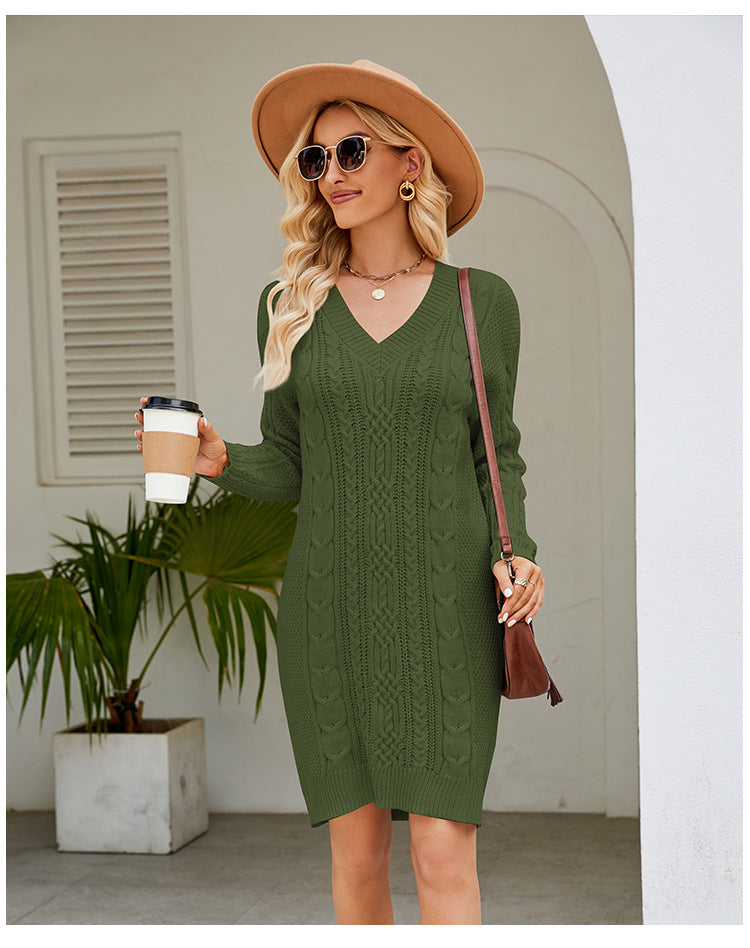 IvyShape | Solid Color V-Neck Twist Knitted Dress