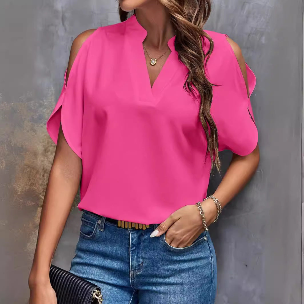 Ladies blouse with cut-out sleeves and elegant stand-up collar Ivyshape