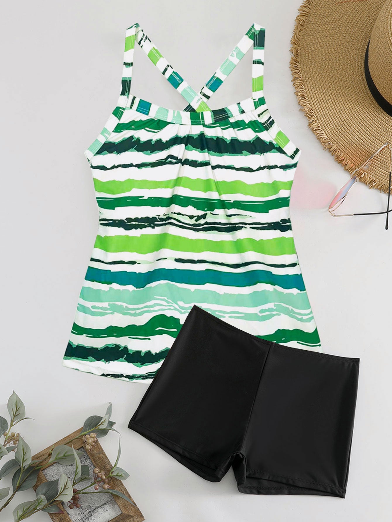 Ladies sporty tankini set with striped top and short-like bottom Ivyshape