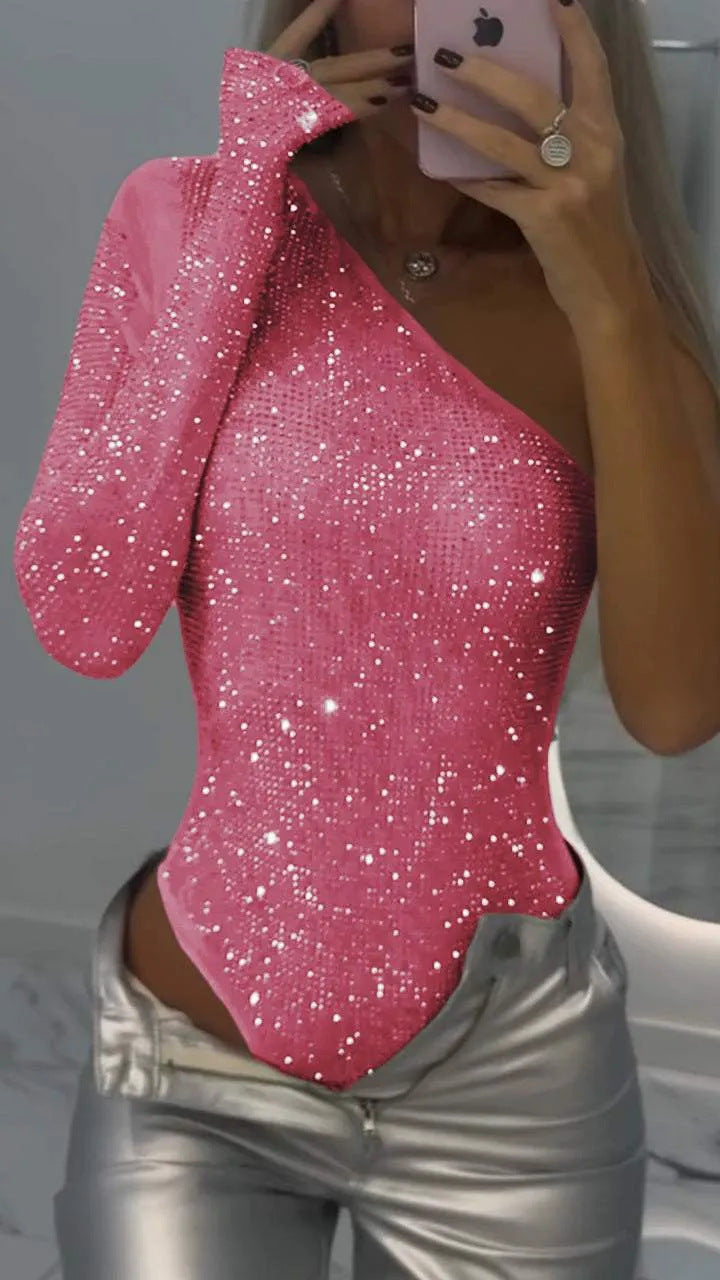 IvyShape | One-Shoulder Rhinestone Sequin Top