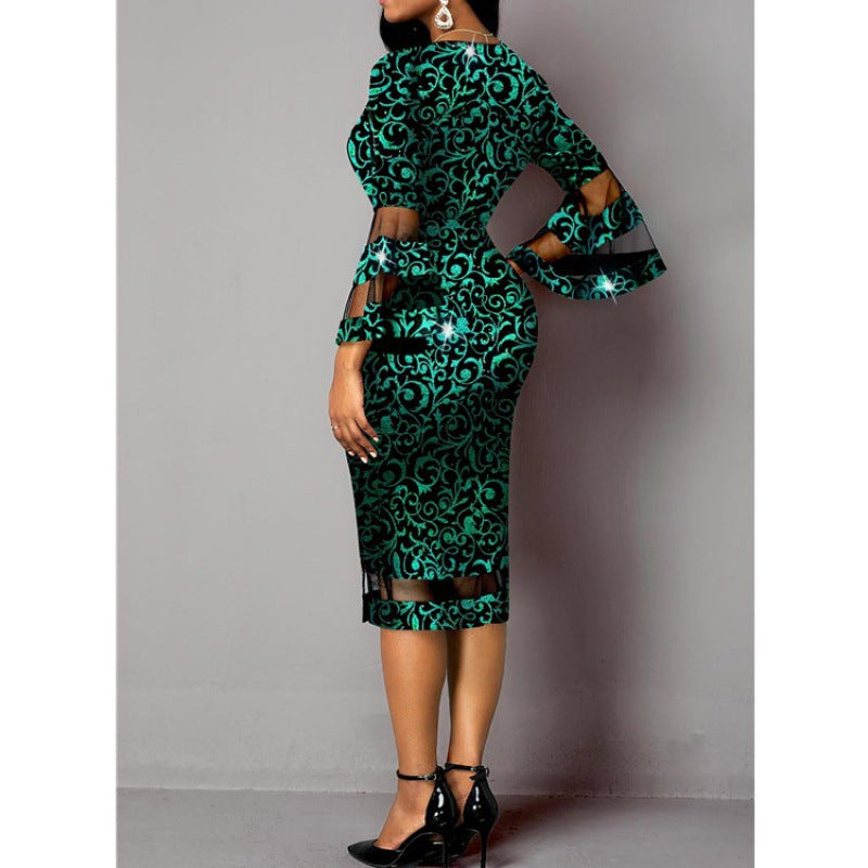 Women Elegant Sheath Dress with Sheer Trumpet Sleeves and Floral Pattern Ivyshape