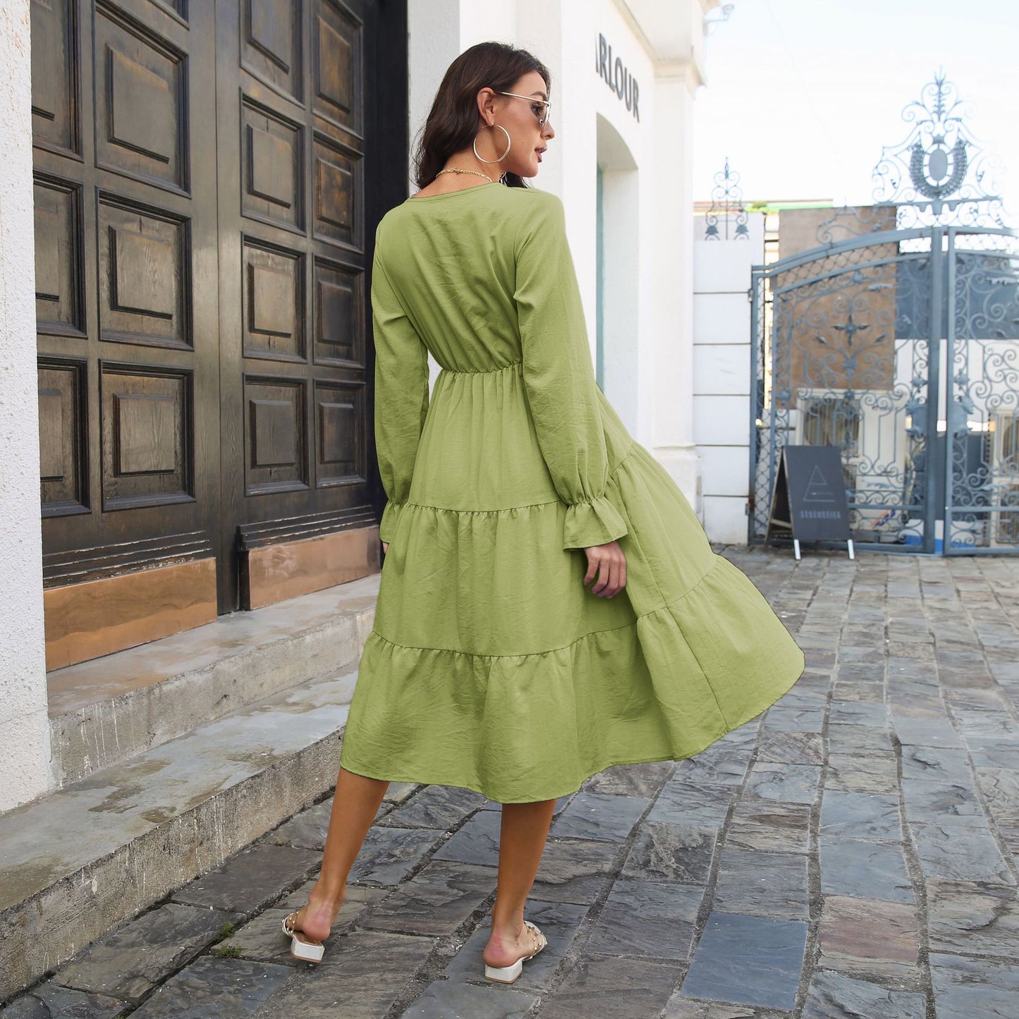 Ladies' midi dress with ruffles and long sleeves Ivyshape