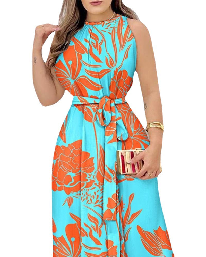 IvyShape | Printed Round Neck Tie Mid-Length Dress