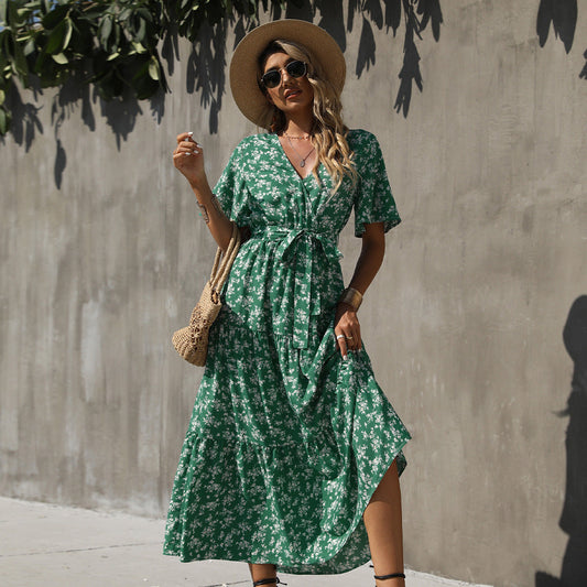 IvyShape | Bohemian Print Short Sleeve Maxi Dress