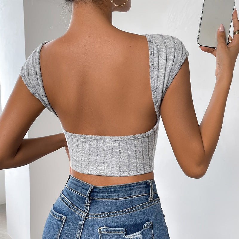 IvyShape | Round Neck Backless Short Knitted Slim Top