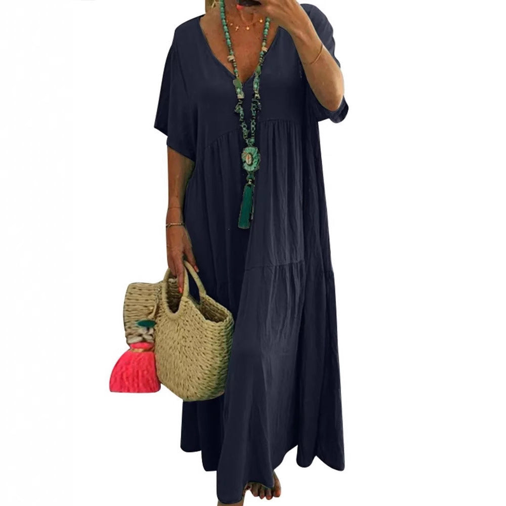 Women's airy boho maxi dress with flouncy hem and deep V-neck Ivyshape
