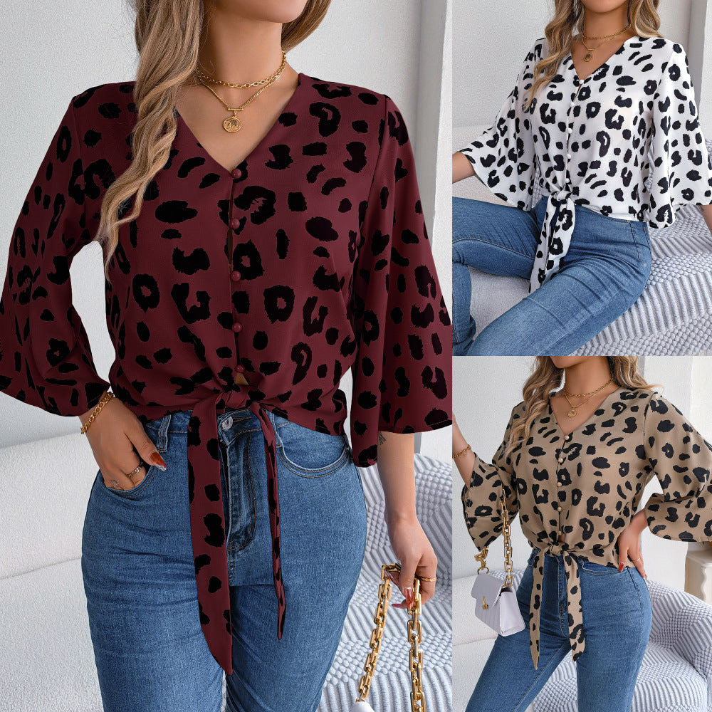 IvyShape | Leopard Print Tied Chiffon Shirt Top