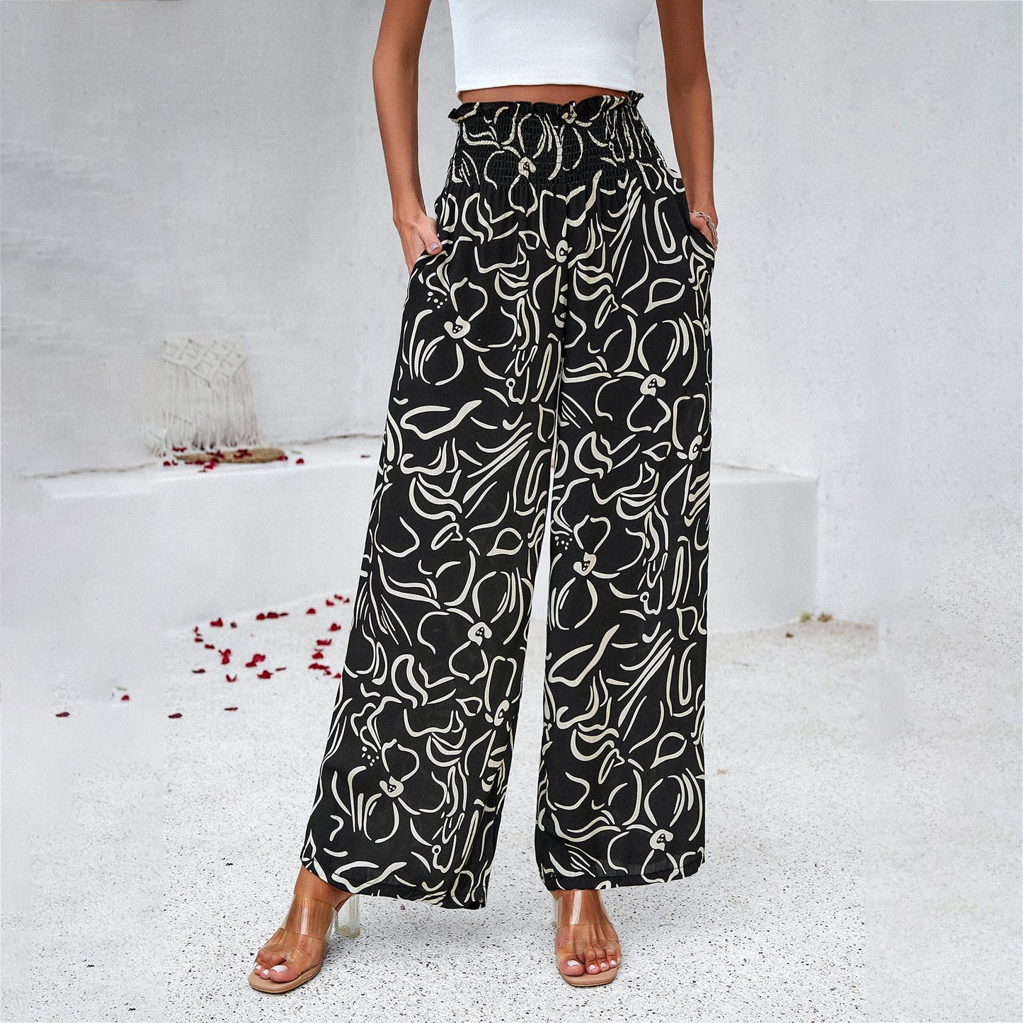 IvyShape | Elegant Cotton Printed Loose Wide-Leg Pants