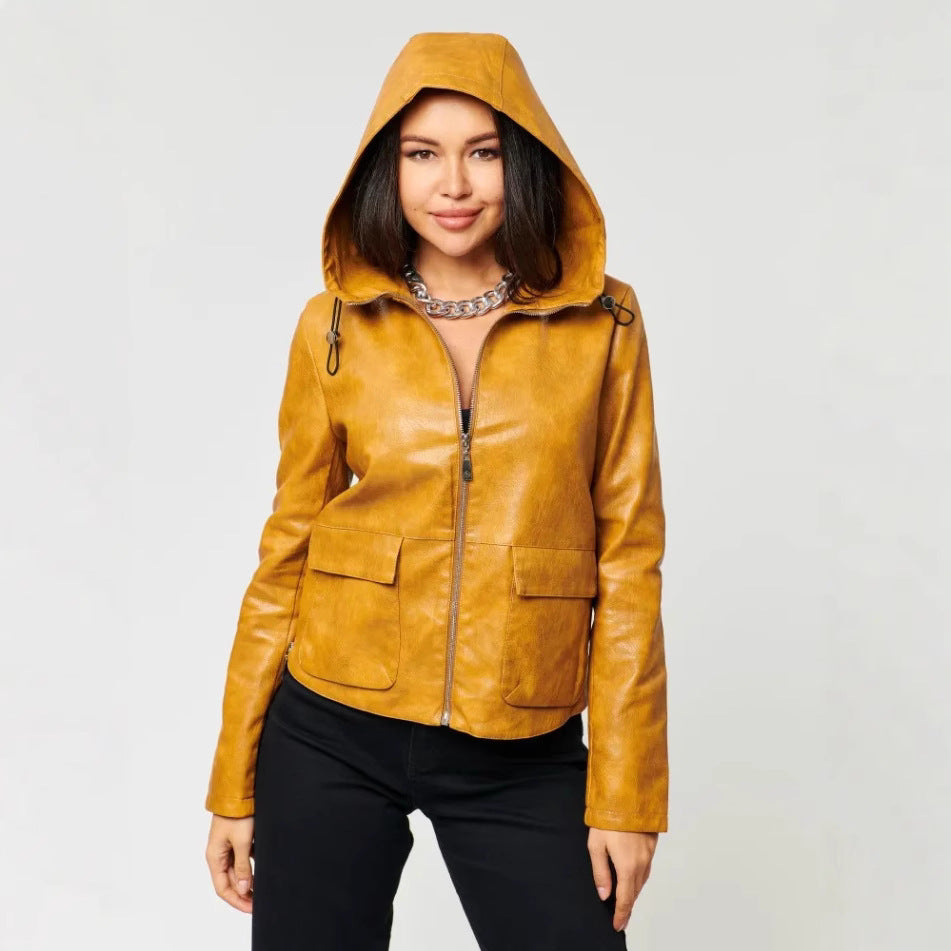 Women Faux Leather Jacket with Attached Hoodie and Practical Pockets Ivyshape