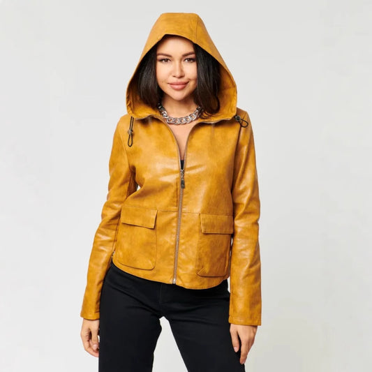 Women Faux Leather Jacket with Attached Hoodie and Practical Pockets Ivyshape