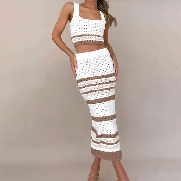 IvyShape | Color-blocked striped top and tank dress set