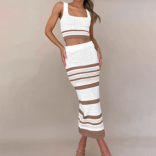 IvyShape | Color-blocked striped top and tank dress set