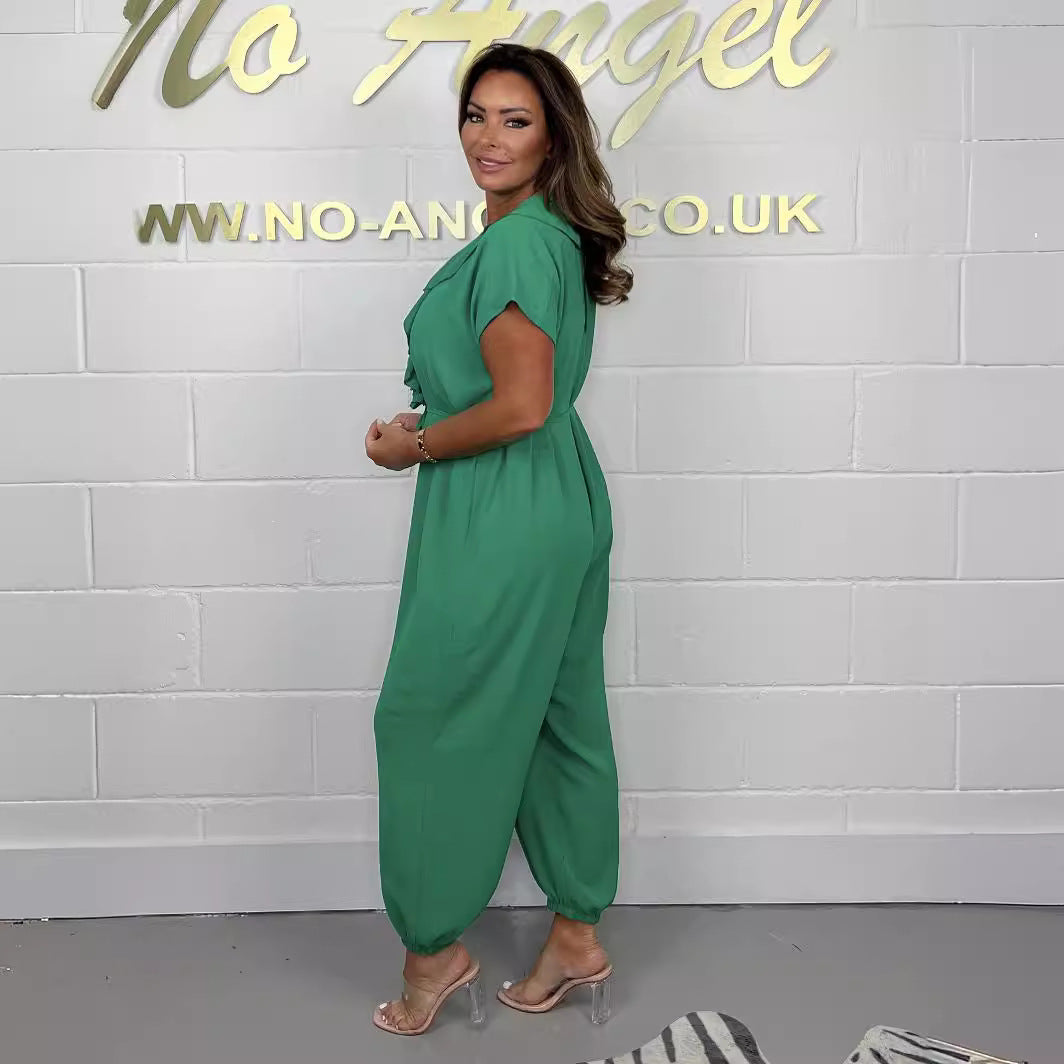 Women's jumpsuit with ruffle details and tie belt Ivyshape