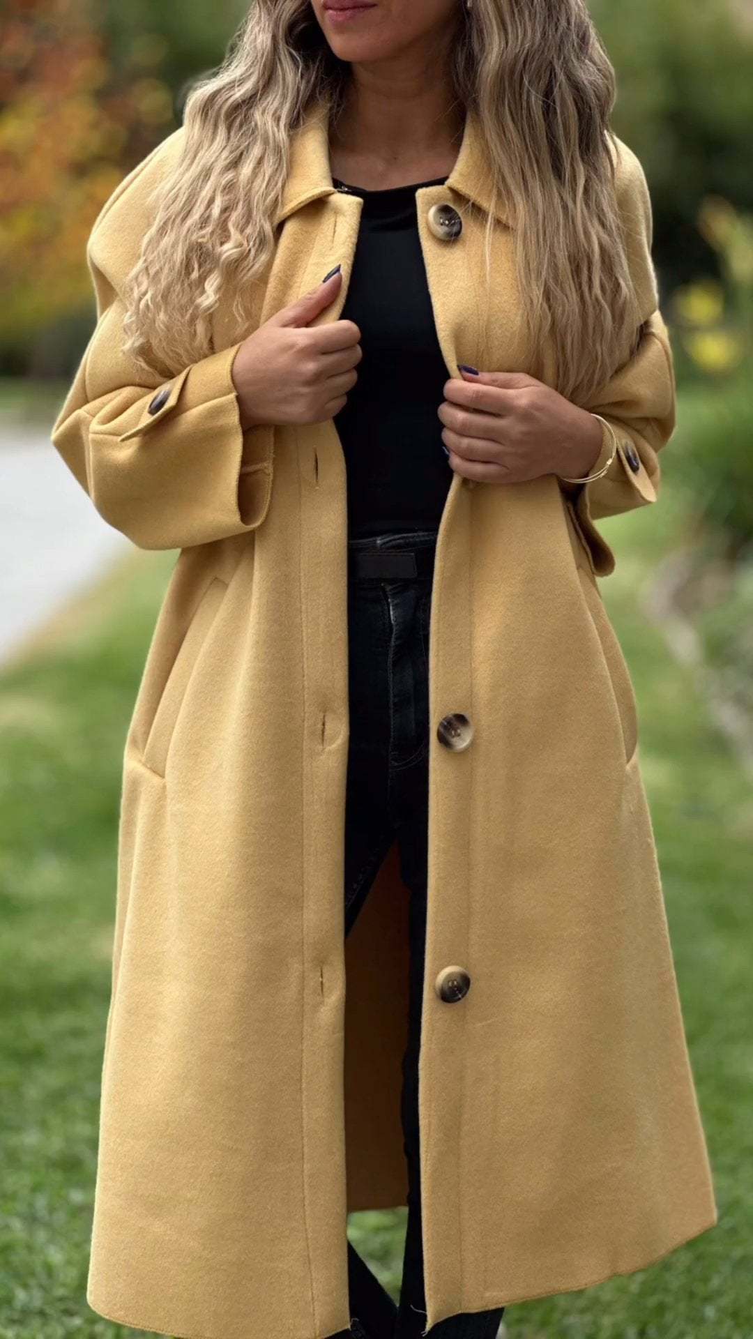 Ivyshape | Solid Color Button Wool Trench Coat