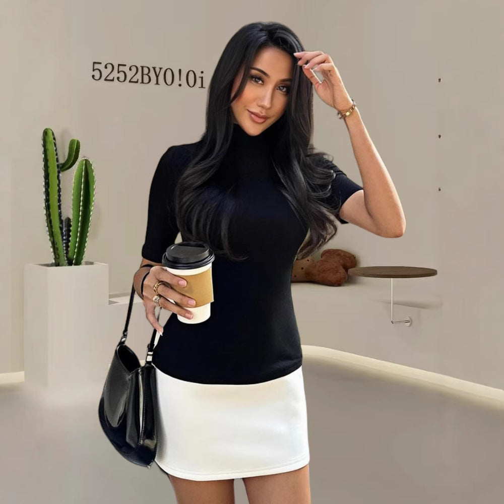 Women Elegant Top with High Collar and Short Sleeves Ivyshape