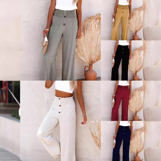 Ladies Wide High Waist Pants with Decorative Buttons Ivyshape