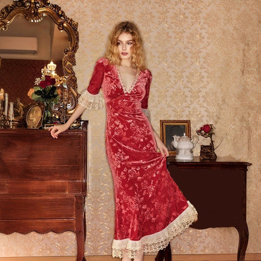 Women Elegant Velvet Dress with Lace Sleeves and Floral Pattern Ivyshape