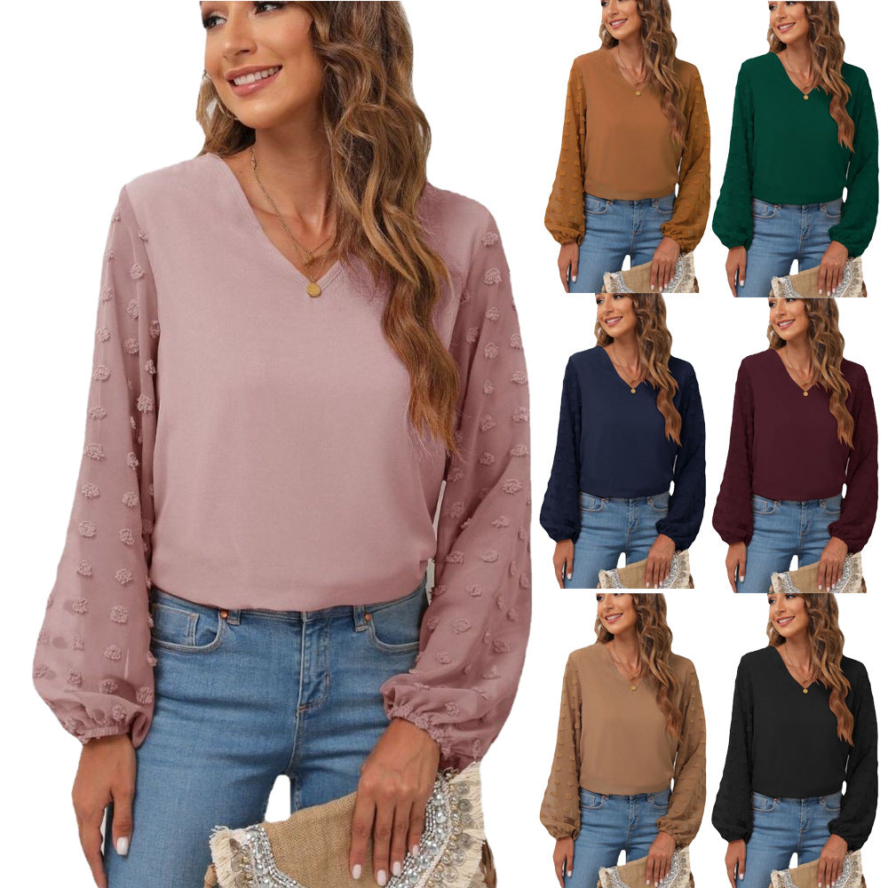 IvyShape | Chiffon Splicing Long Sleeve V-Neck Shirt Top