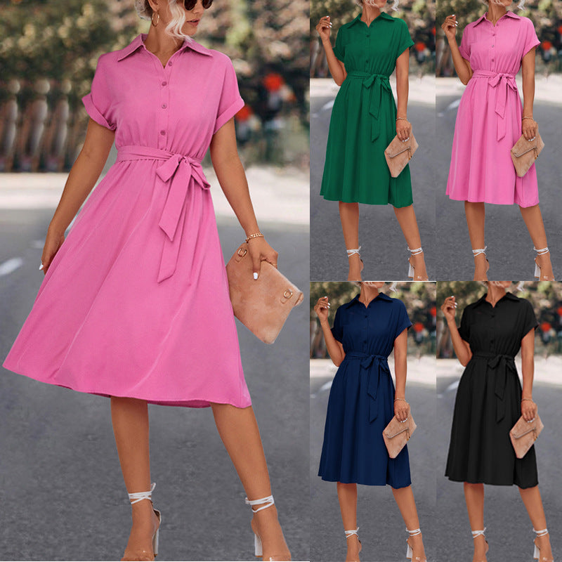 Women's Knee-Length Shirt Dress with Waist Belt and Elegant V-Neck Ivyshape