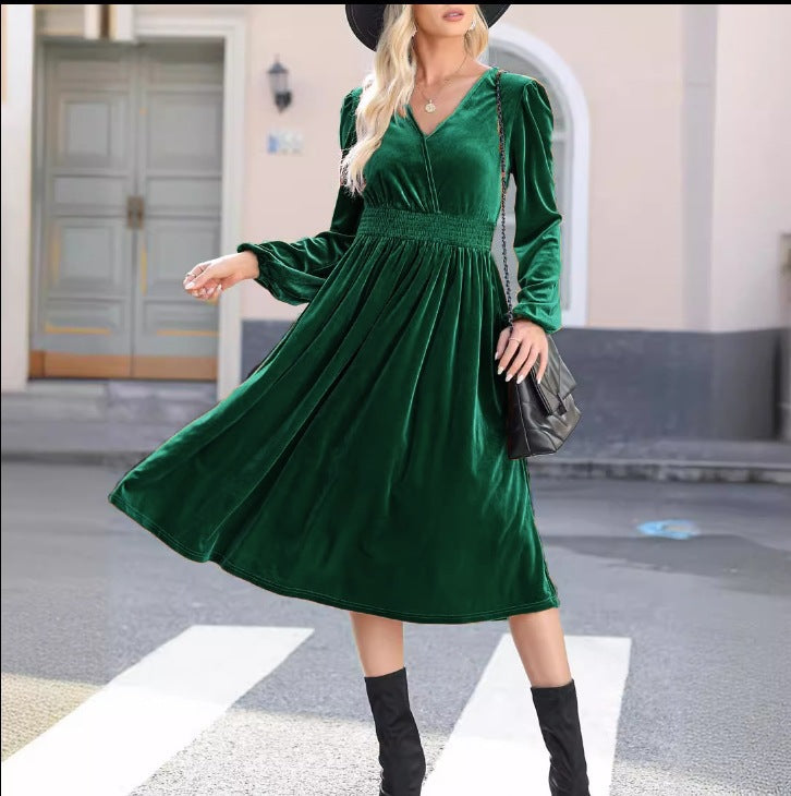 Women Elegant Velvet Maxi Dress with V-Neck and Slim Waist Ivyshape