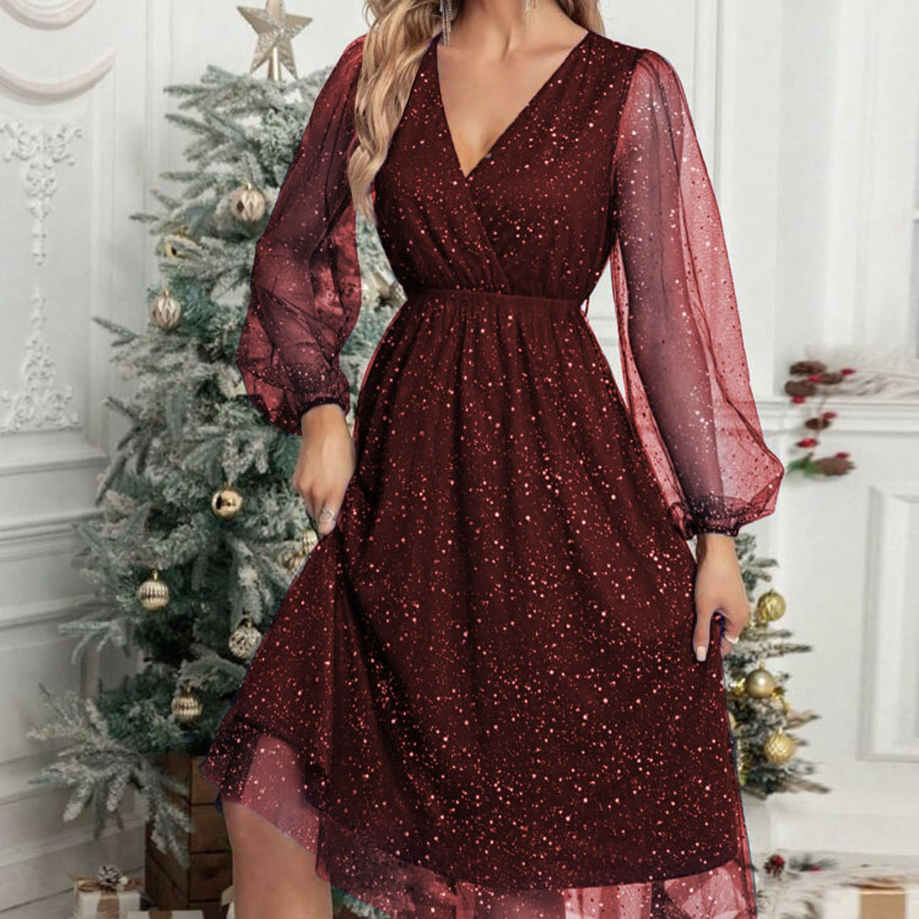 Ladies mididress with sparkling glitter and transparent puff sleeves Ivyshape