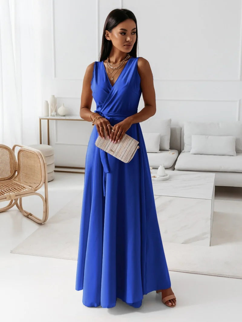 IvyShape | Comfortable Solid Color V Neck Evening Long Dress