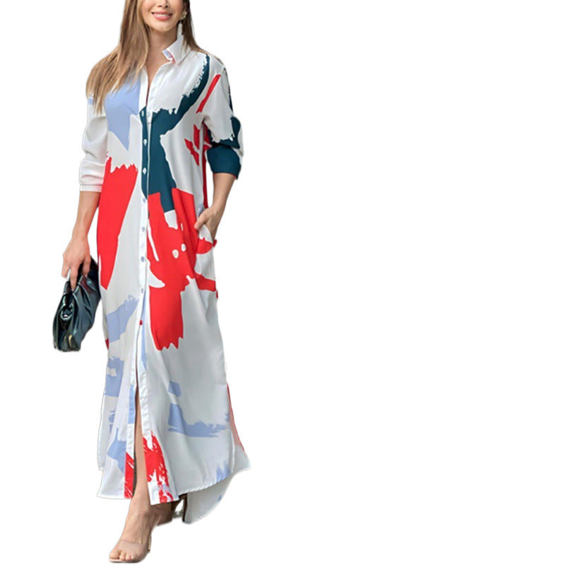Women Artistic Print Long Shirt Dress Ivyshape