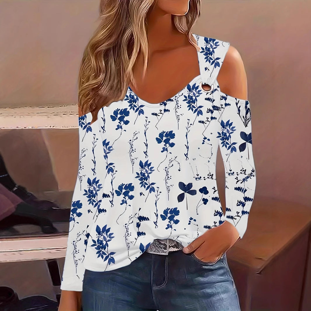 IvyShape | Metal Buckle Floral Print V-Neck Off-Shoulder Top