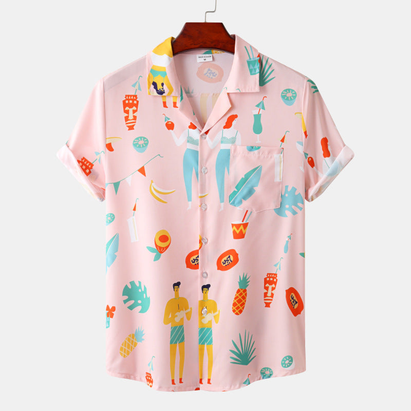 Men's short-sleeve shirt with cheerful tropical pattern and button-down collar Ivyshape