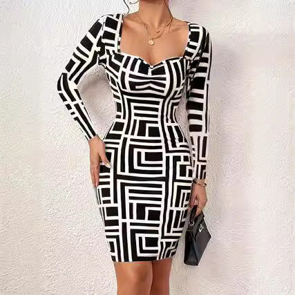 Women's Fitted Long Sleeve Dress with Geometric Pattern and Creative Neckline Ivyshape