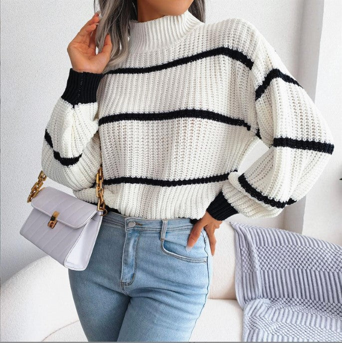 IvyShape | Casual Striped Lantern Sleeve High Neck Sweater