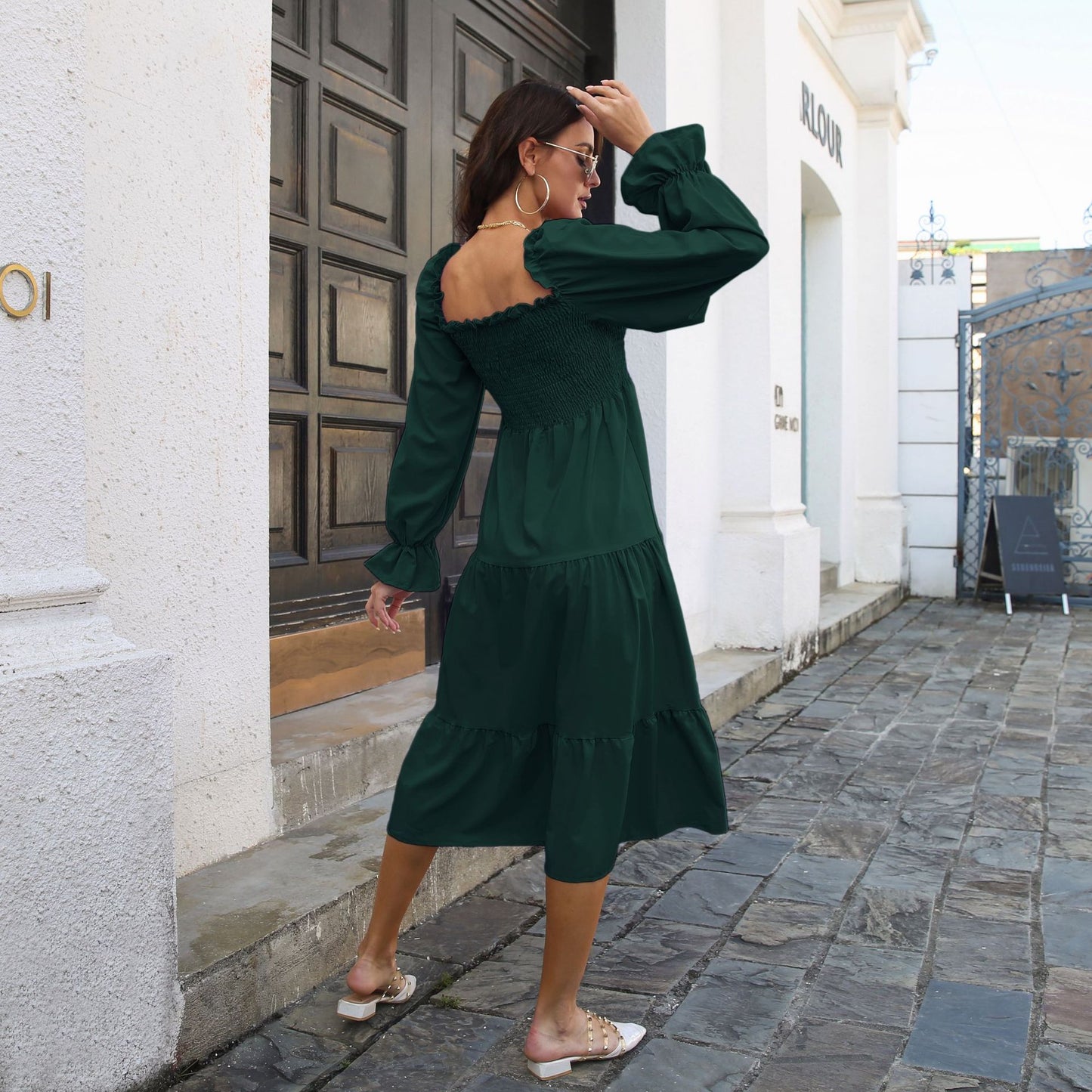 Ladies midi dress with off-shoulder back and ruffle details Ivyshape