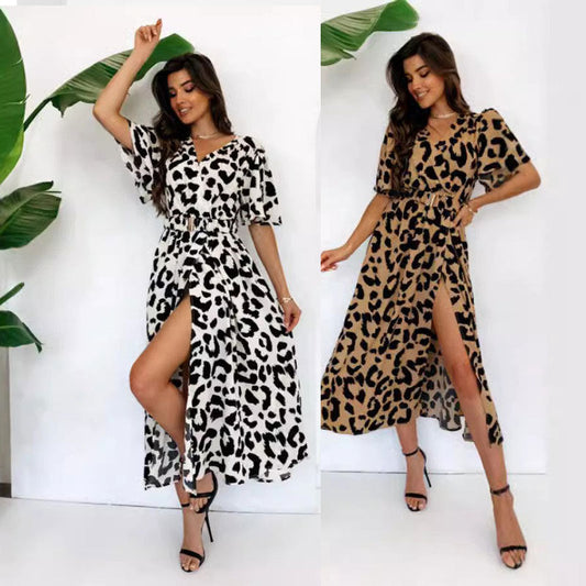 IvyShape | Leopard Print V-Neck Long Sleeve Belted Slit Dress