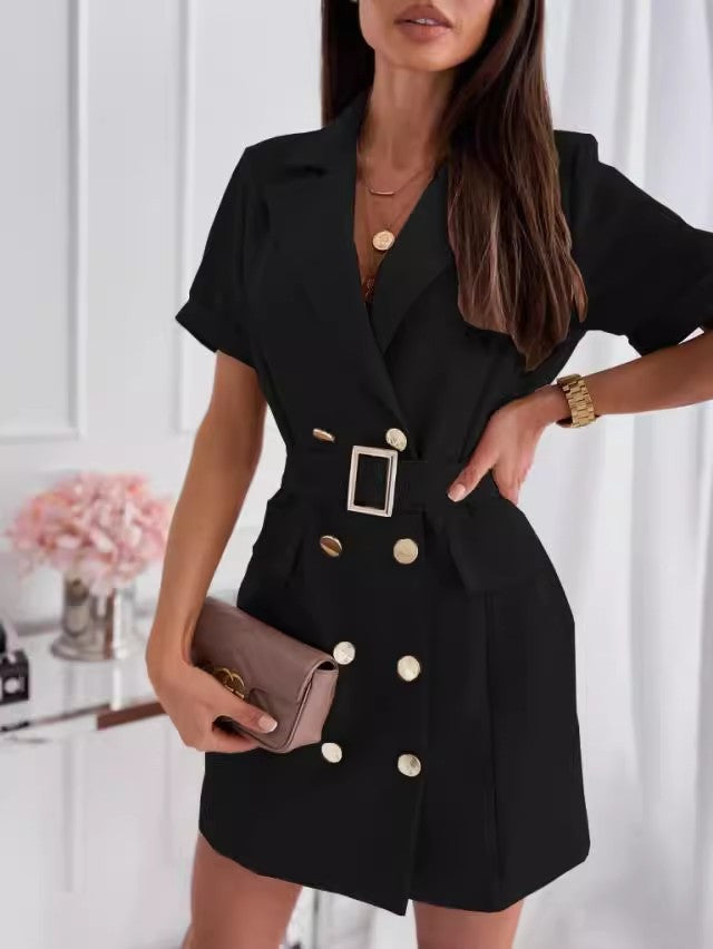 Women tailored short sleeve shirt dress with belt Ivyshape