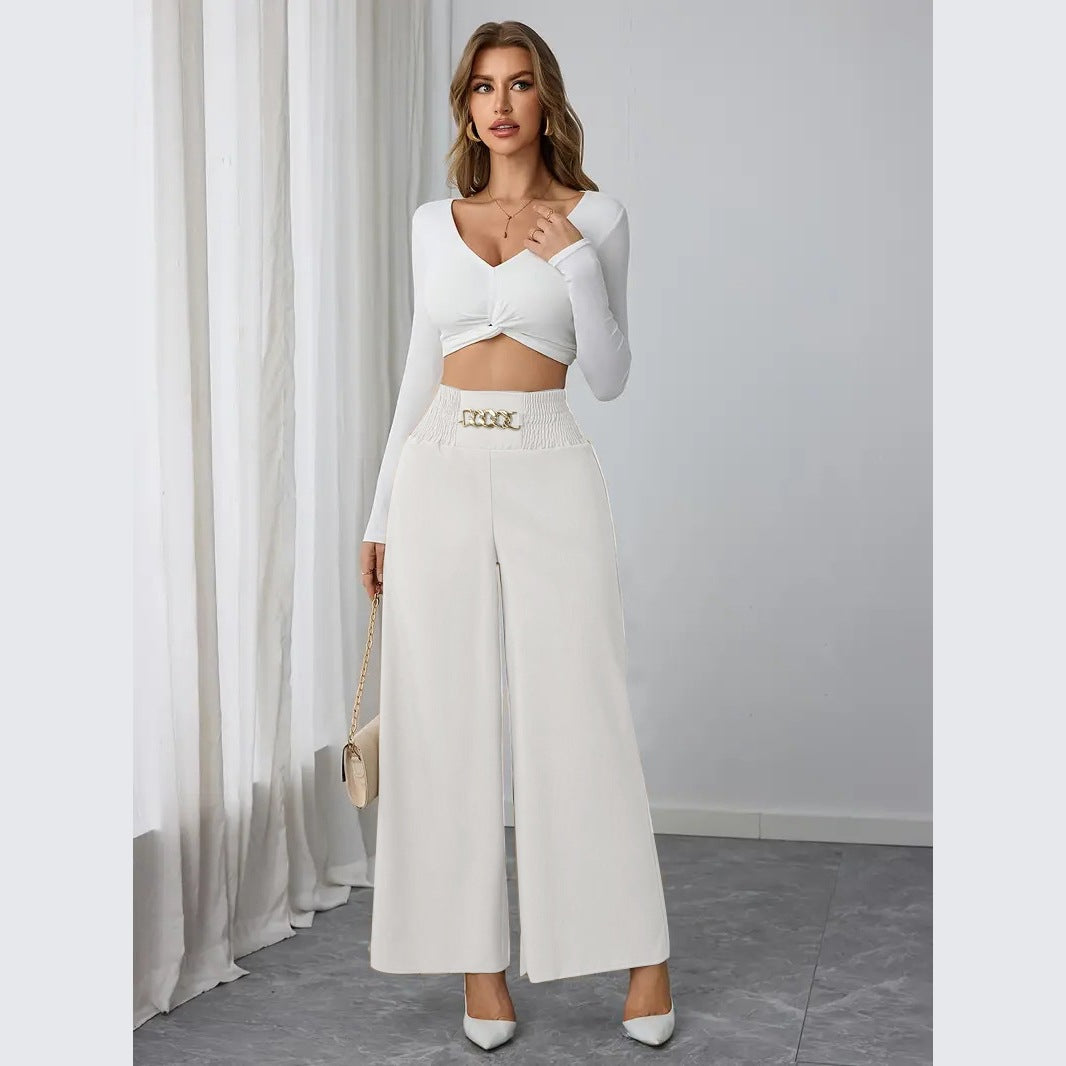 Women's Wide Trousers with Ruffle Details and Stylish Belt Design Ivyshape