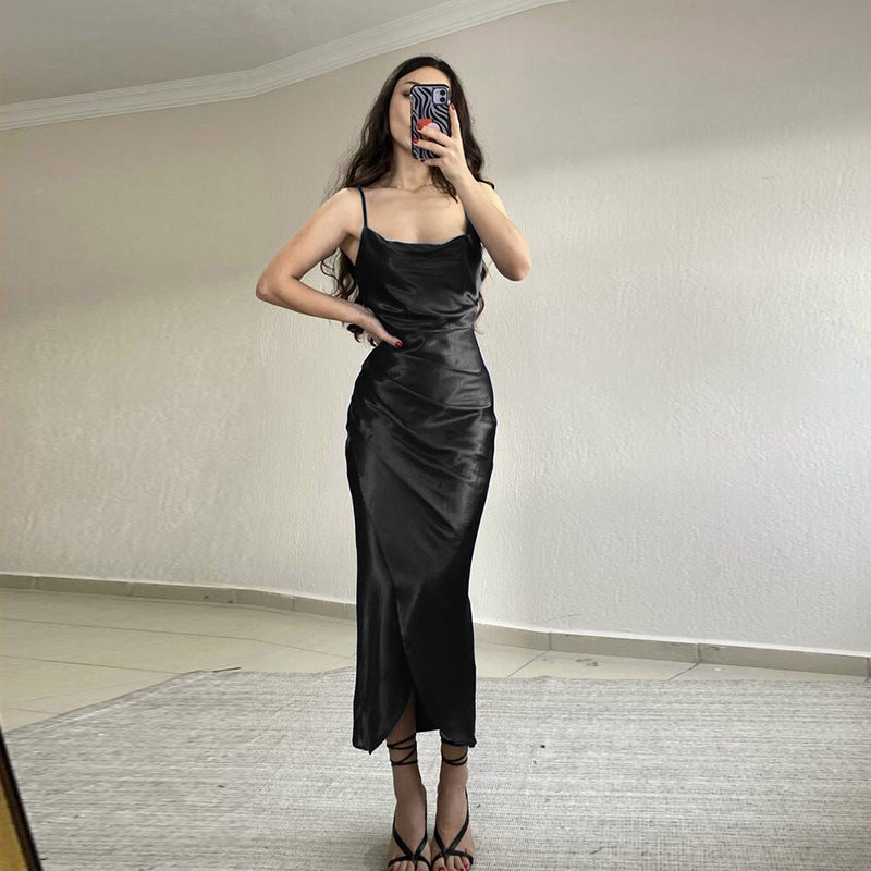 Women's elegant satin dress with asymmetric slit and draped details Ivyshape