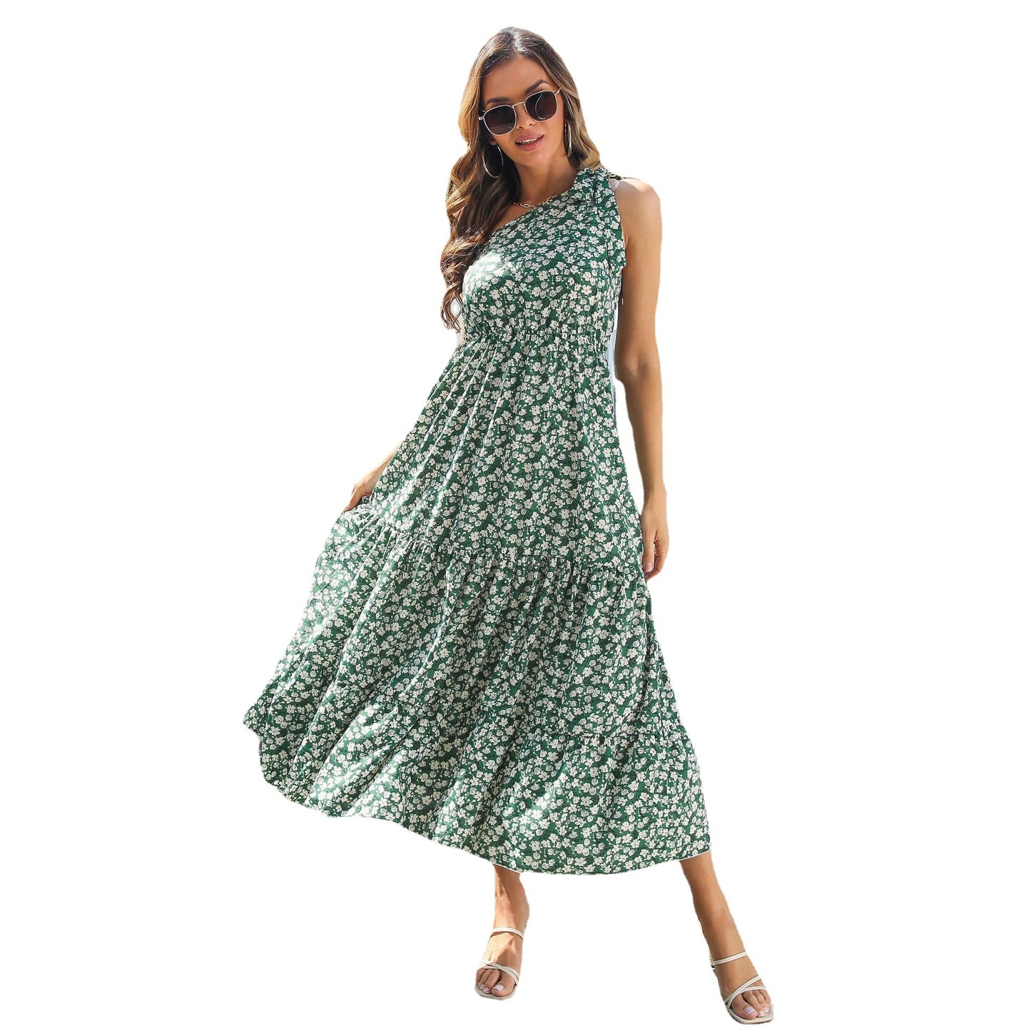 Ladies Maxi Dress with Asymmetrical Strap and Voluminous Skirt Ivyshape