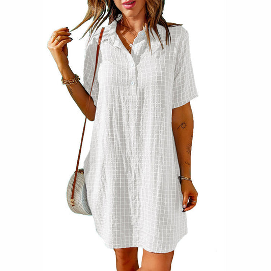 IvyShape | Plaid Collar Button Short Sleeve Dress