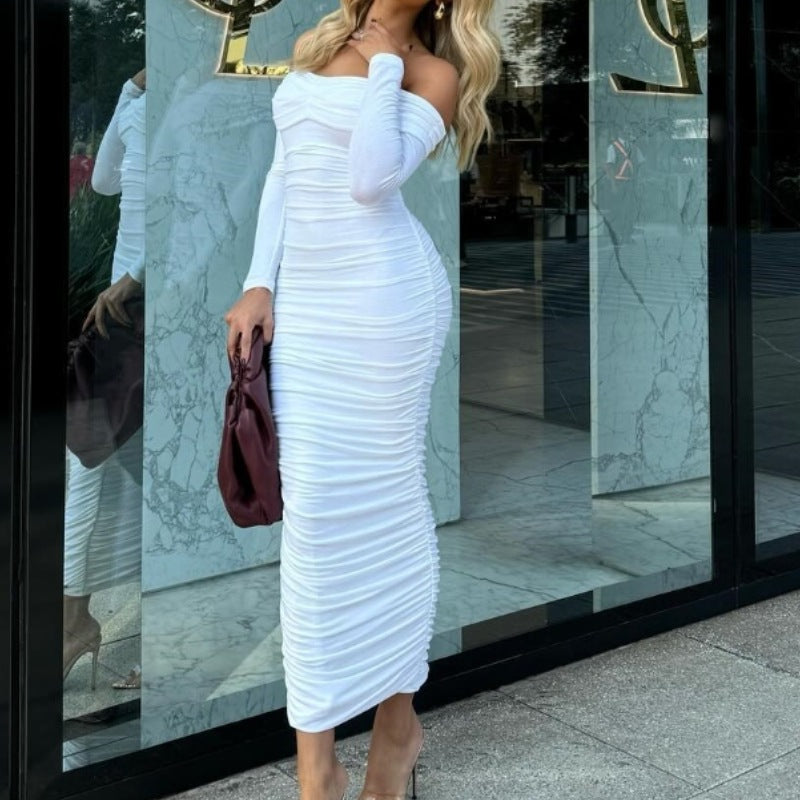 Women figure-hugging maxi dress with off-shoulder design and gathering Ivyshape