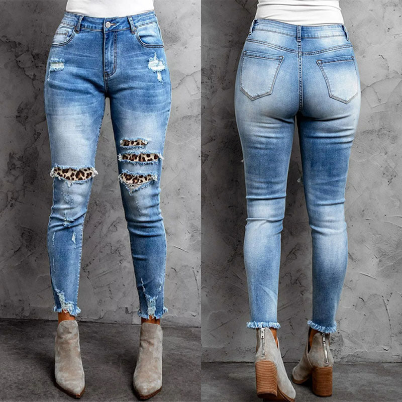 Women's Ripped Skinny Jeans with Leopard Detail Ivyshape