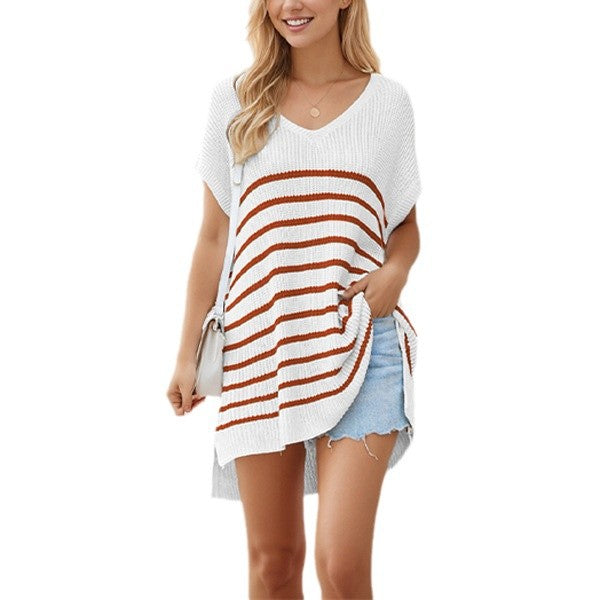 IvyShape | Spring Summer Loose V-Neck Striped Sweater