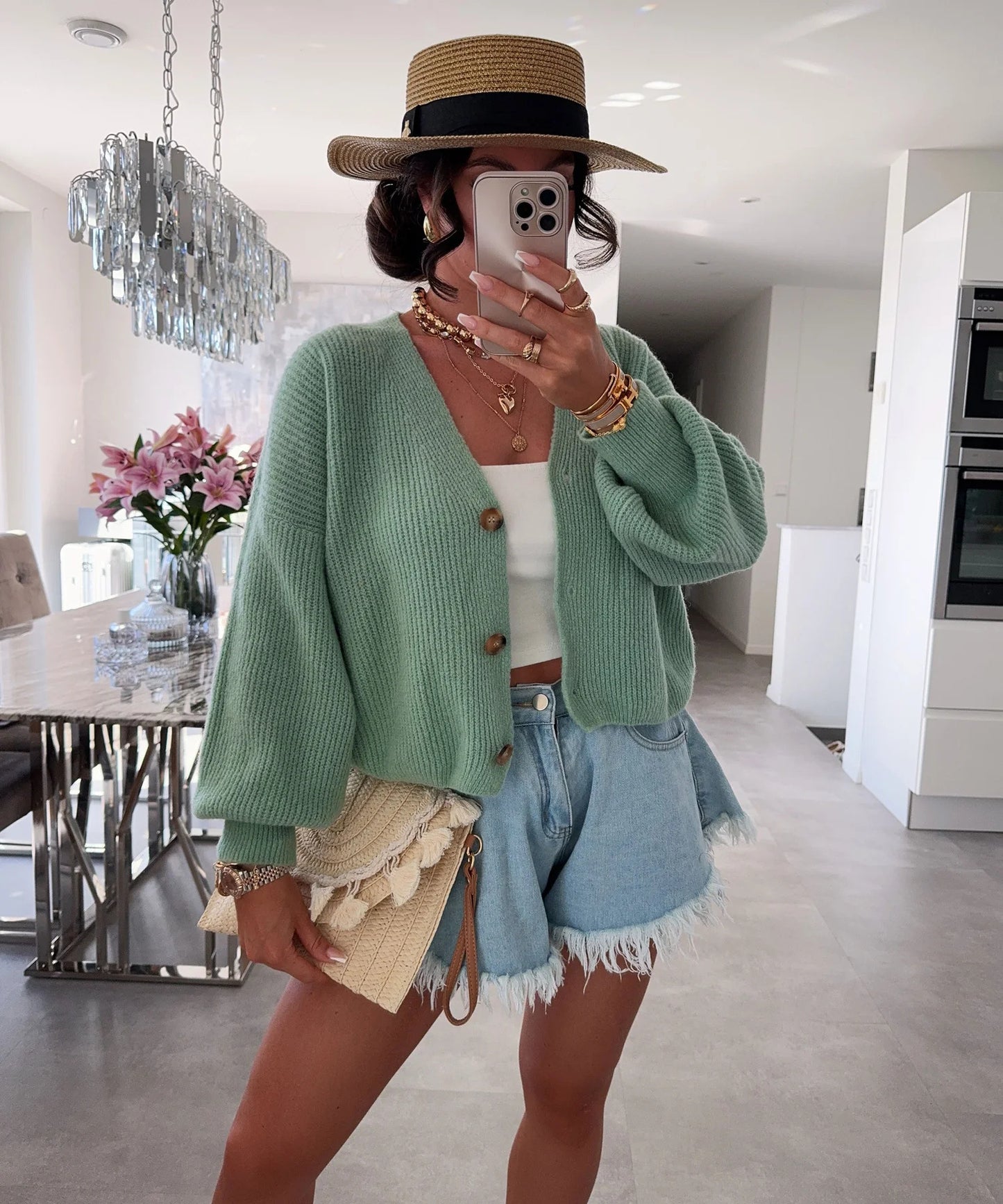 Women's cardigan with voluminous sleeves and high-quality wooden buttons Ivyshape