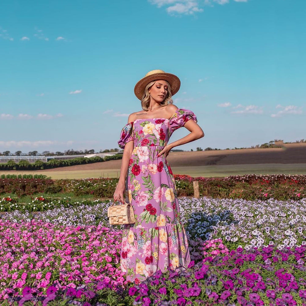 Women’s Floral Maxi Dress with Puff Sleeves and Shimmering Accents Ivyshape